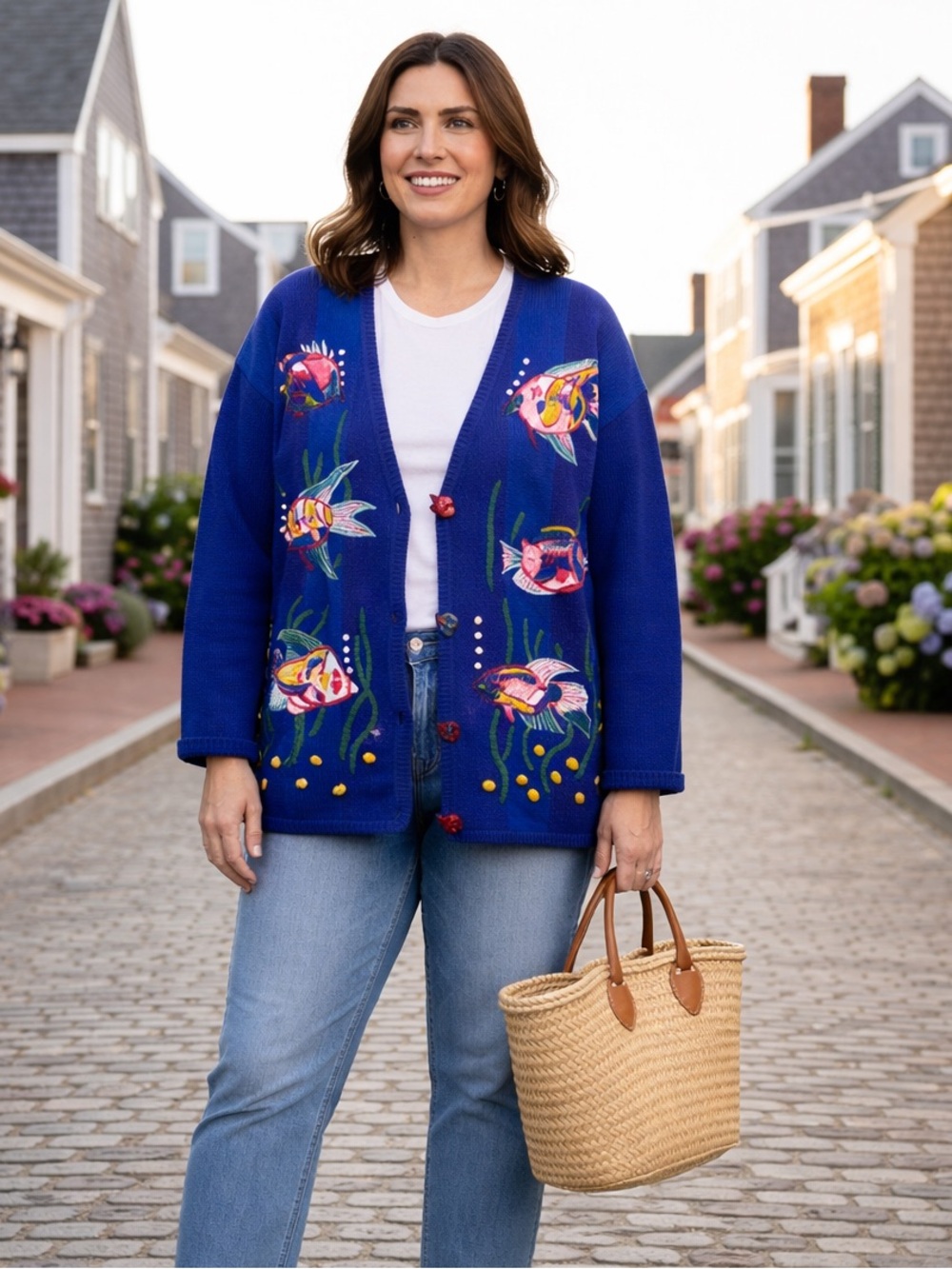 Vintage Mandel Bay Blue Embroidered Fish V-Neck Cardigan Sweater